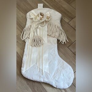 Large Ivory Quilted Tone on Tone Tassel & Bow Christmas Stocking Fancy